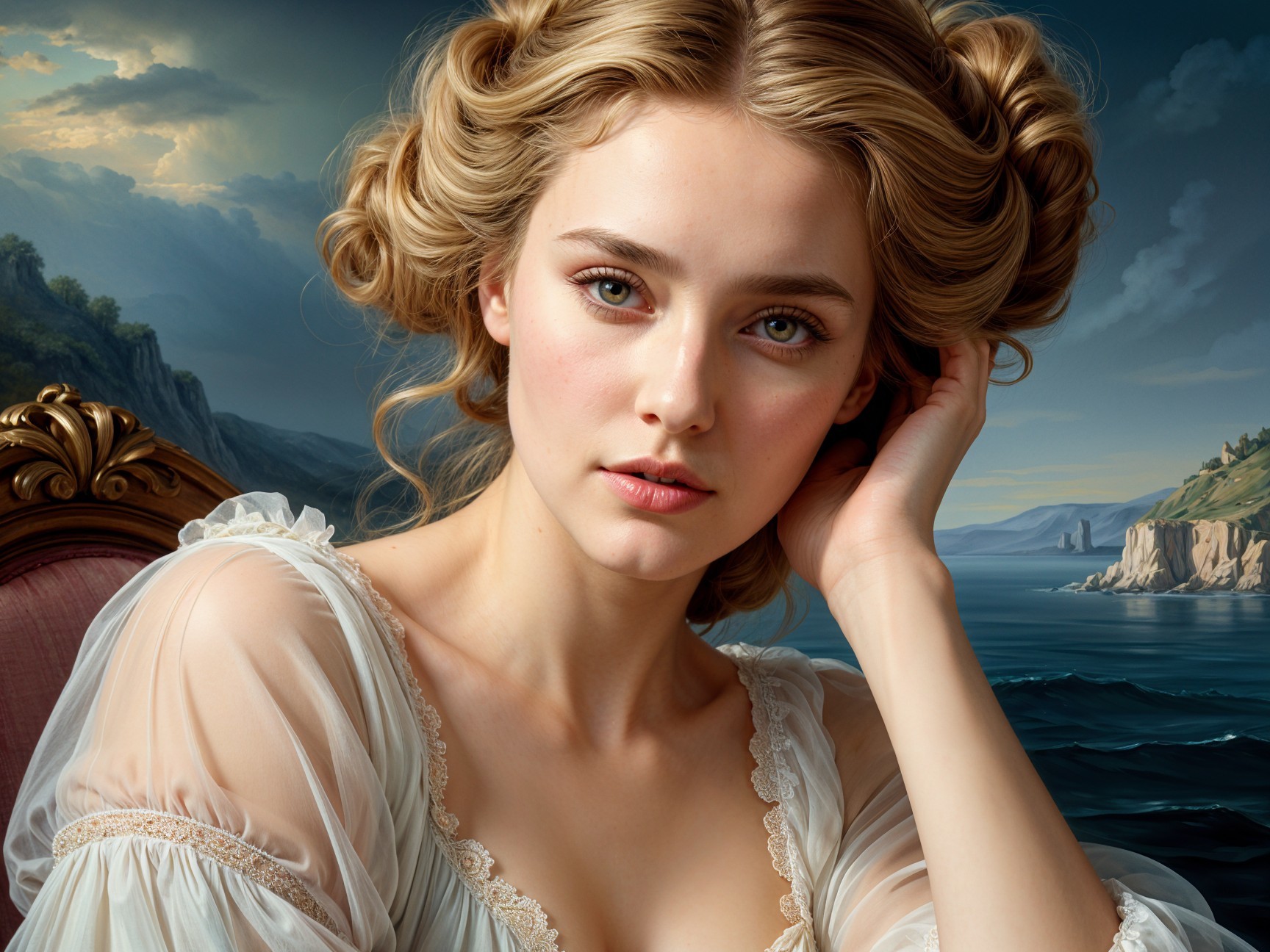Young Woman in Sheer Blouse by Coastal Landscape