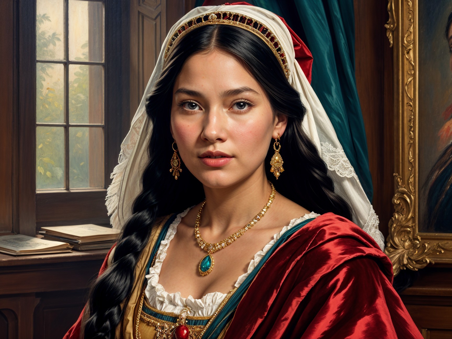 Young Woman in Historical Attire with Jewelry and Garden