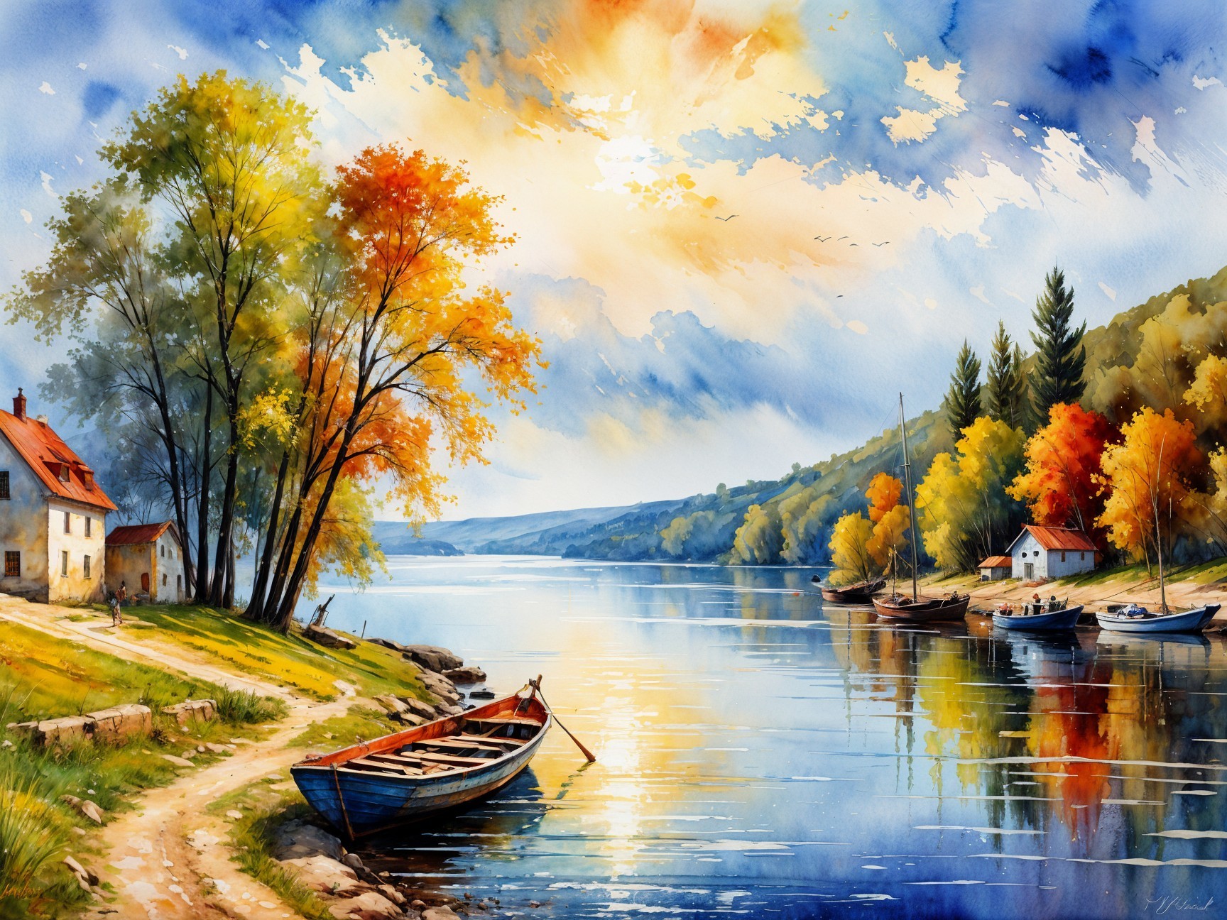 Tranquil Riverside Scene in Vibrant Watercolor