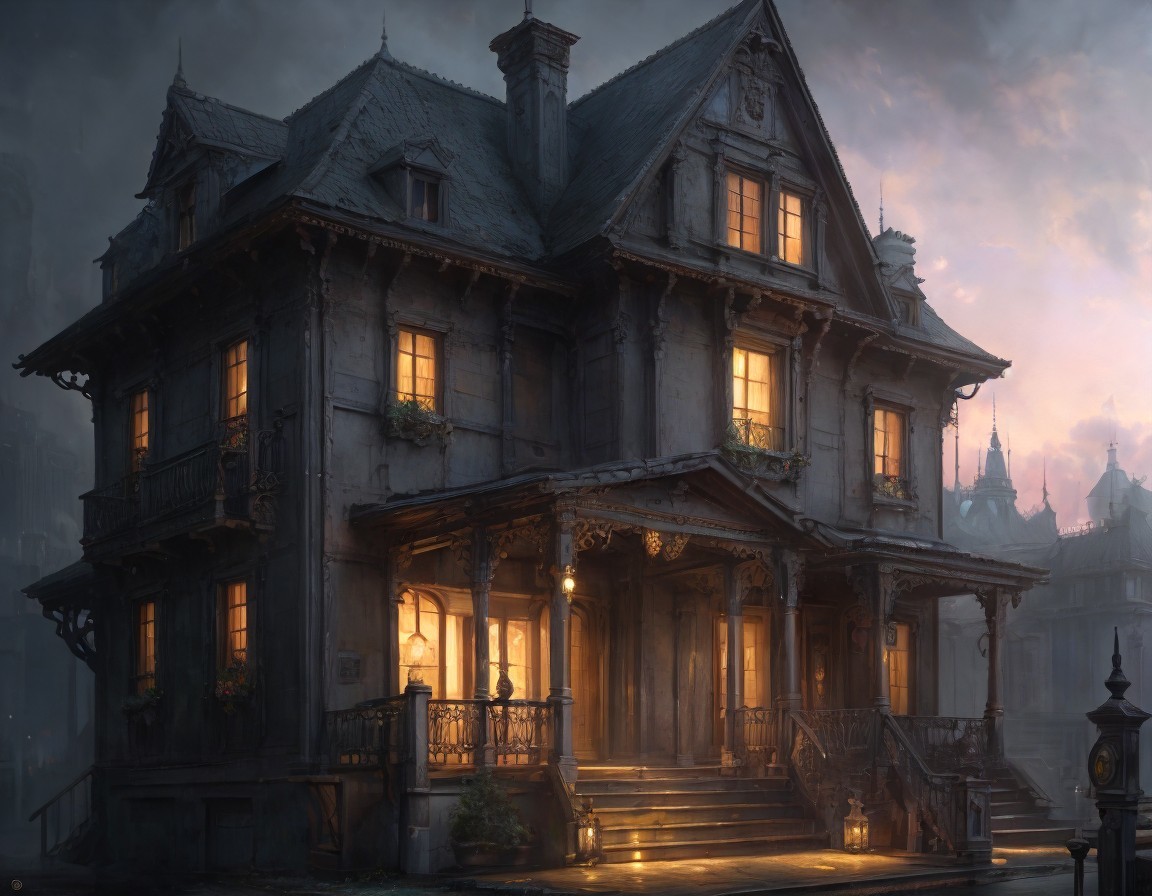 Victorian Mansion with Intricate Details and Warm Light
