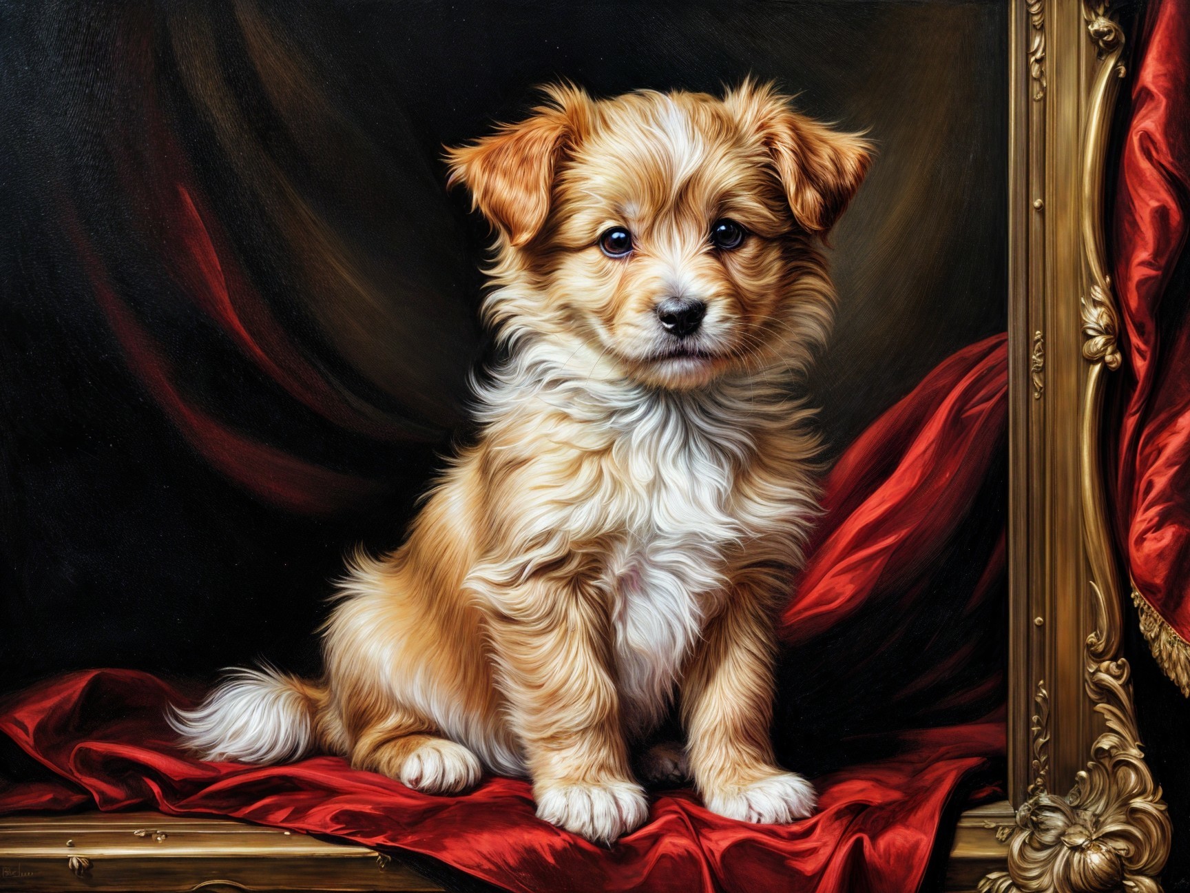 Fluffy Golden Puppy on Rich Red Drapery Background