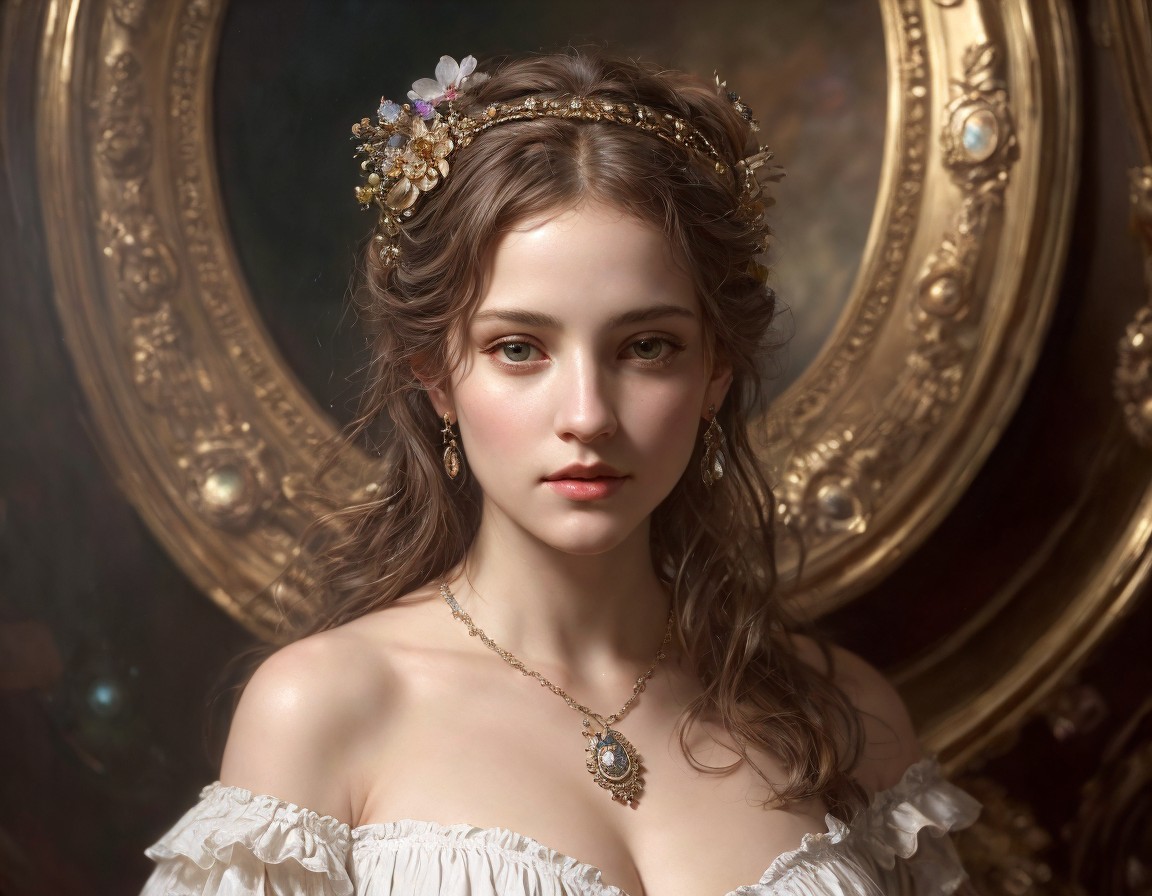 Portrait of a young woman in white off-shoulder dress