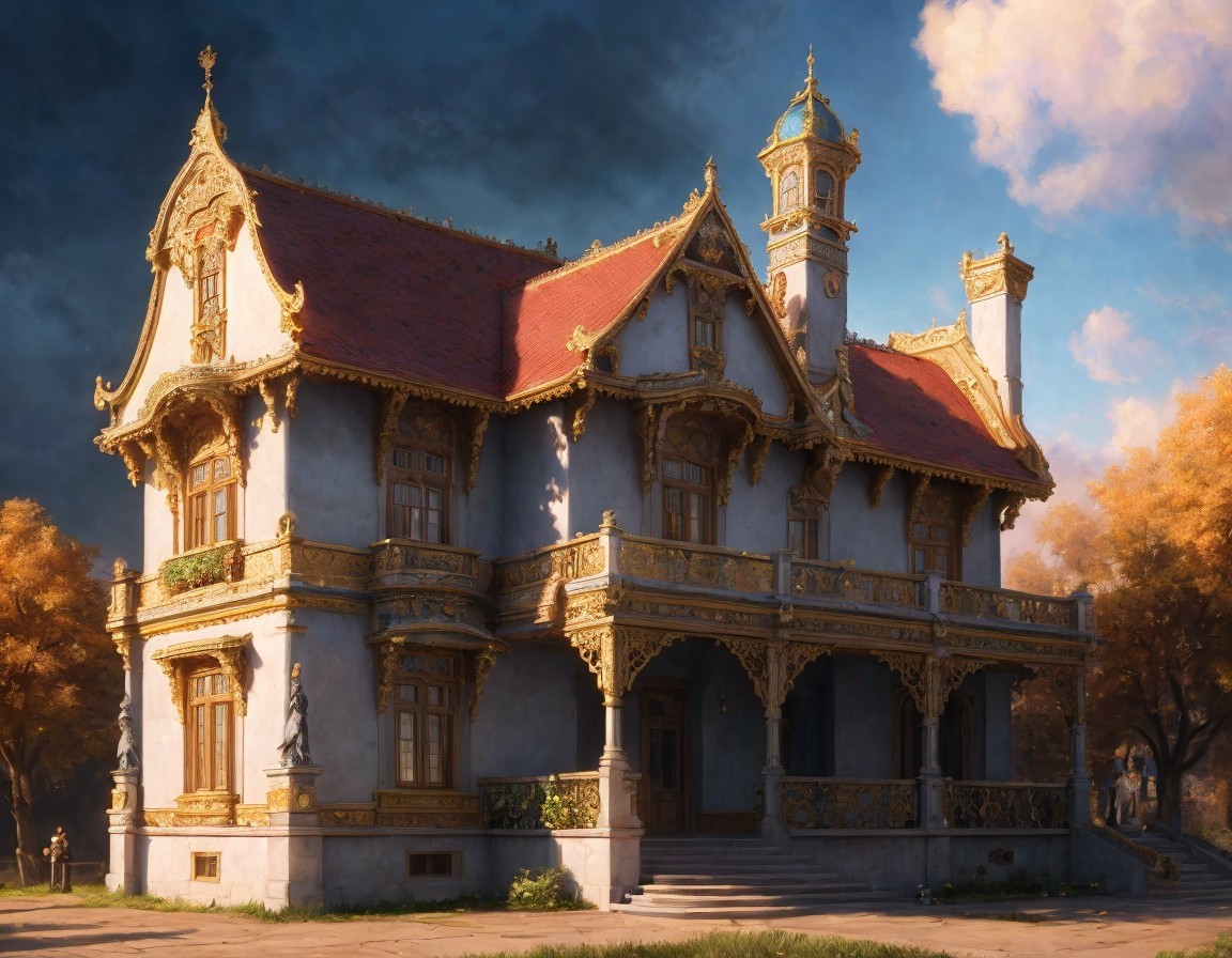 Ornate Mansion at Sunset Surrounded by Autumn Trees