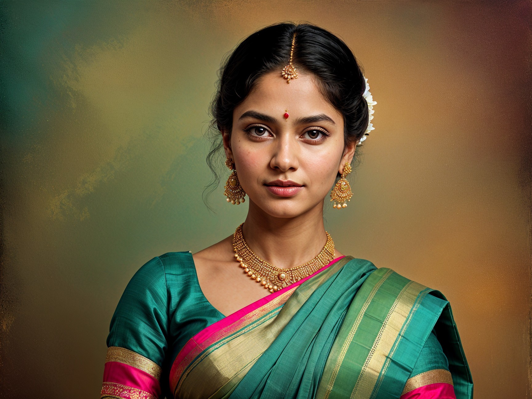 Young Woman in Vibrant Green Silk Saree and Jewelry