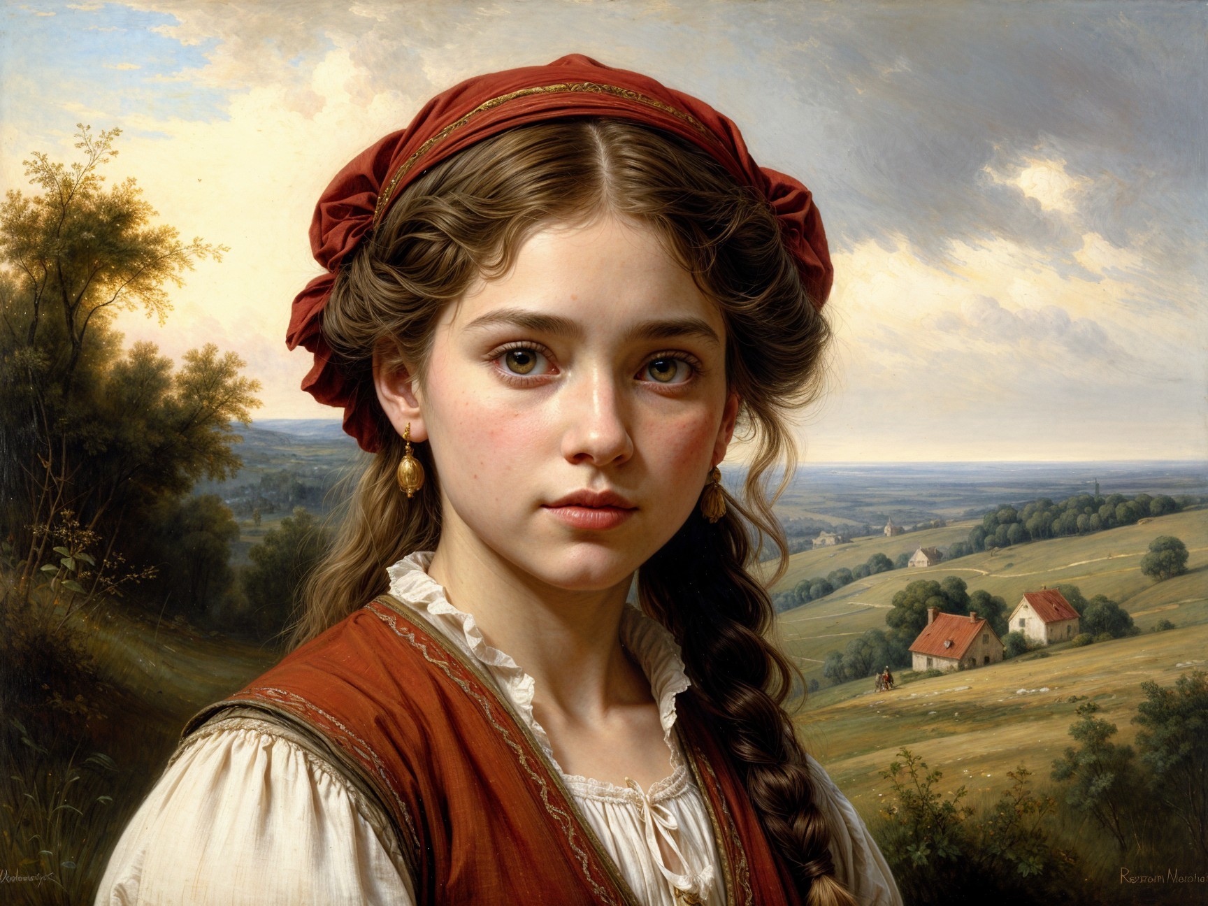 Young girl in traditional clothing with serene landscape