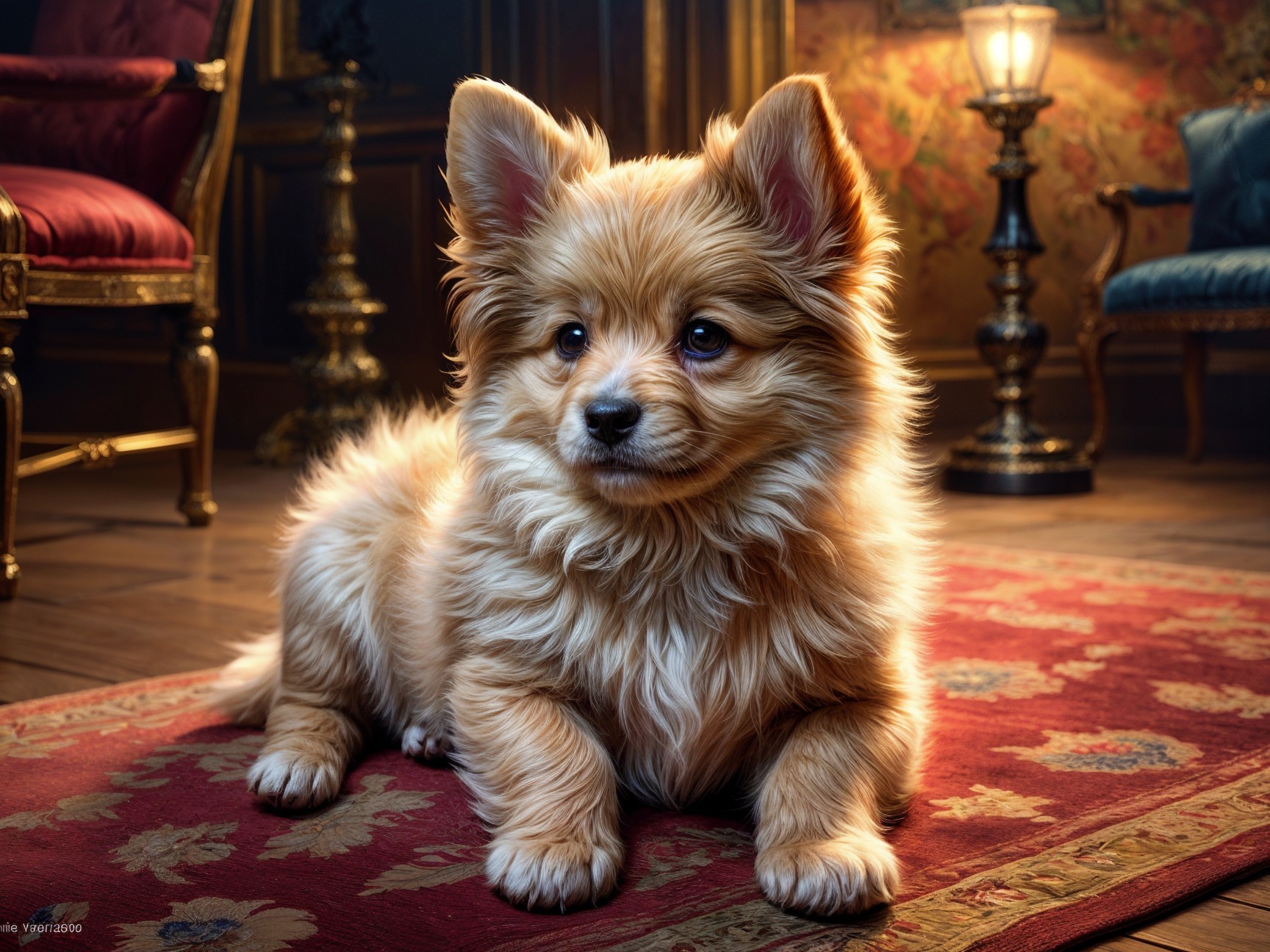 Fluffy Light-Colored Puppy on Elegant Rug Setting