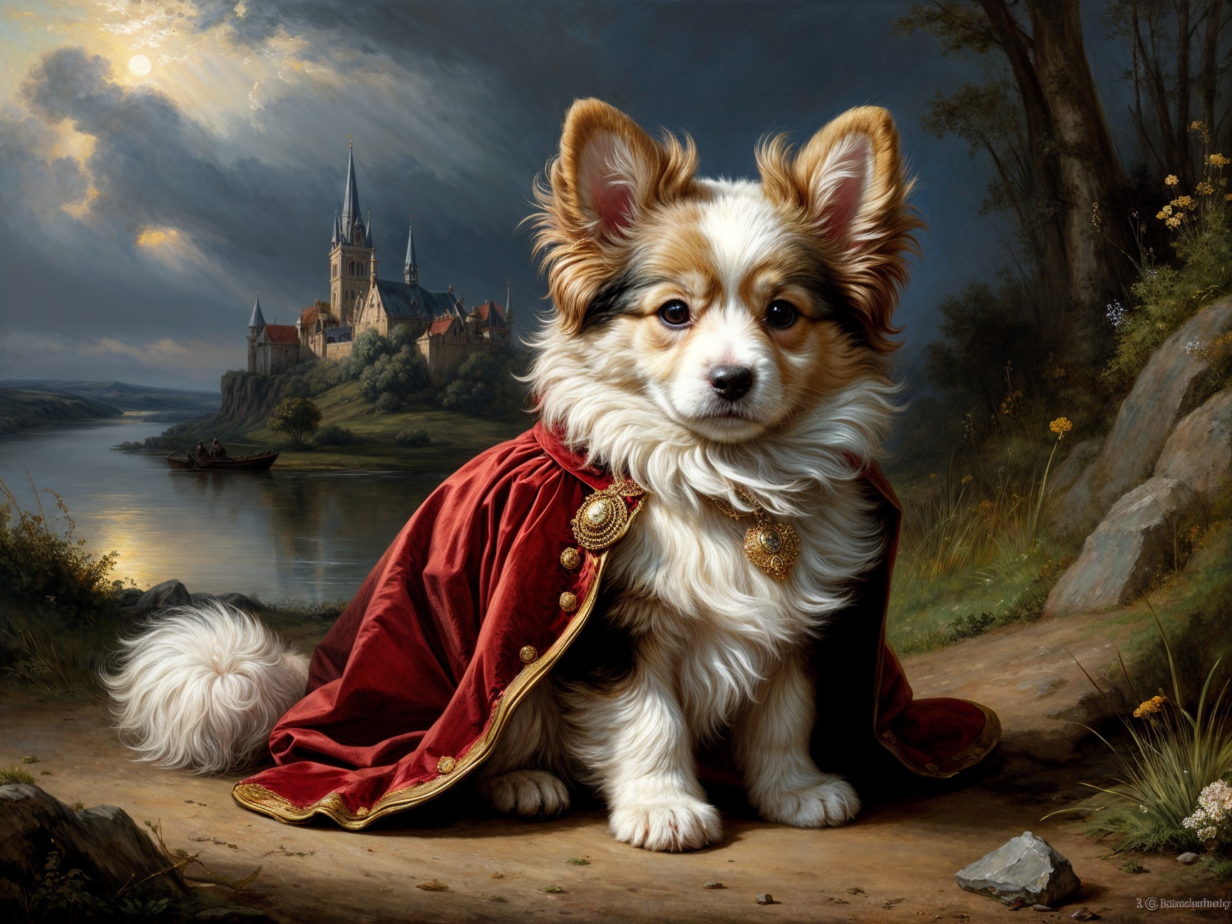 Regal Dog in Cloak Amidst Lush Landscape and Castle