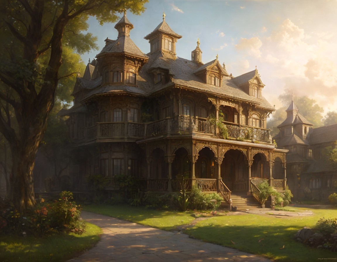 Victorian Mansion Surrounded by Lush Trees and Sunlight