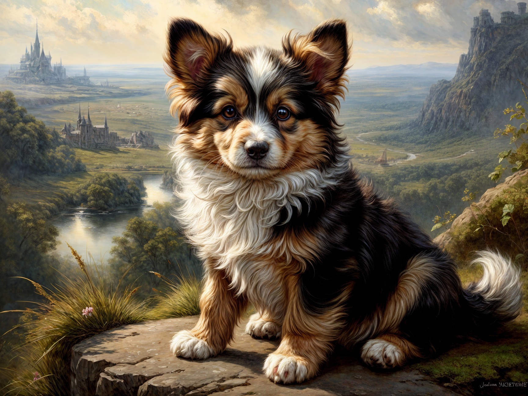 Fluffy Dog on Rocky Ledge with Scenic Landscape