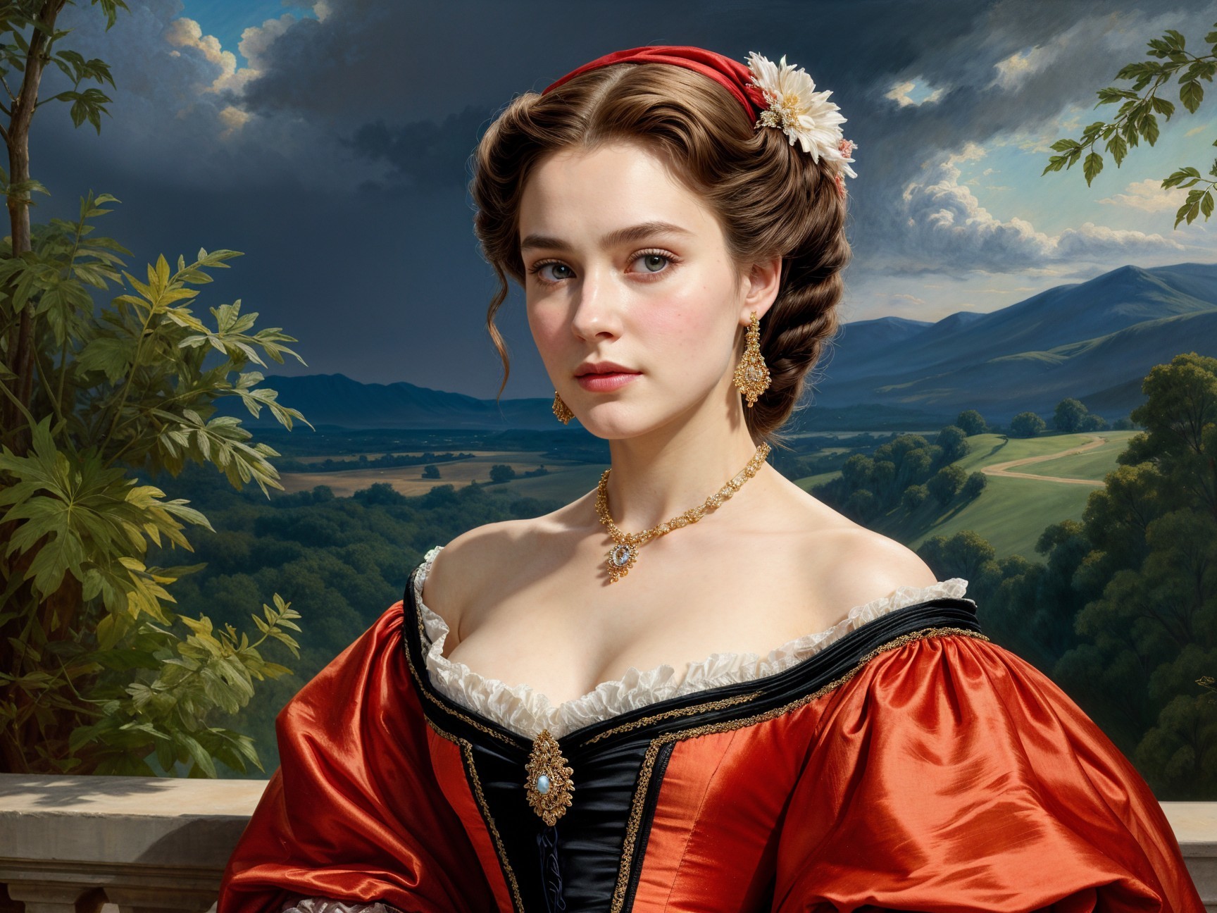 Elegant Young Woman in Off-the-Shoulder Gown