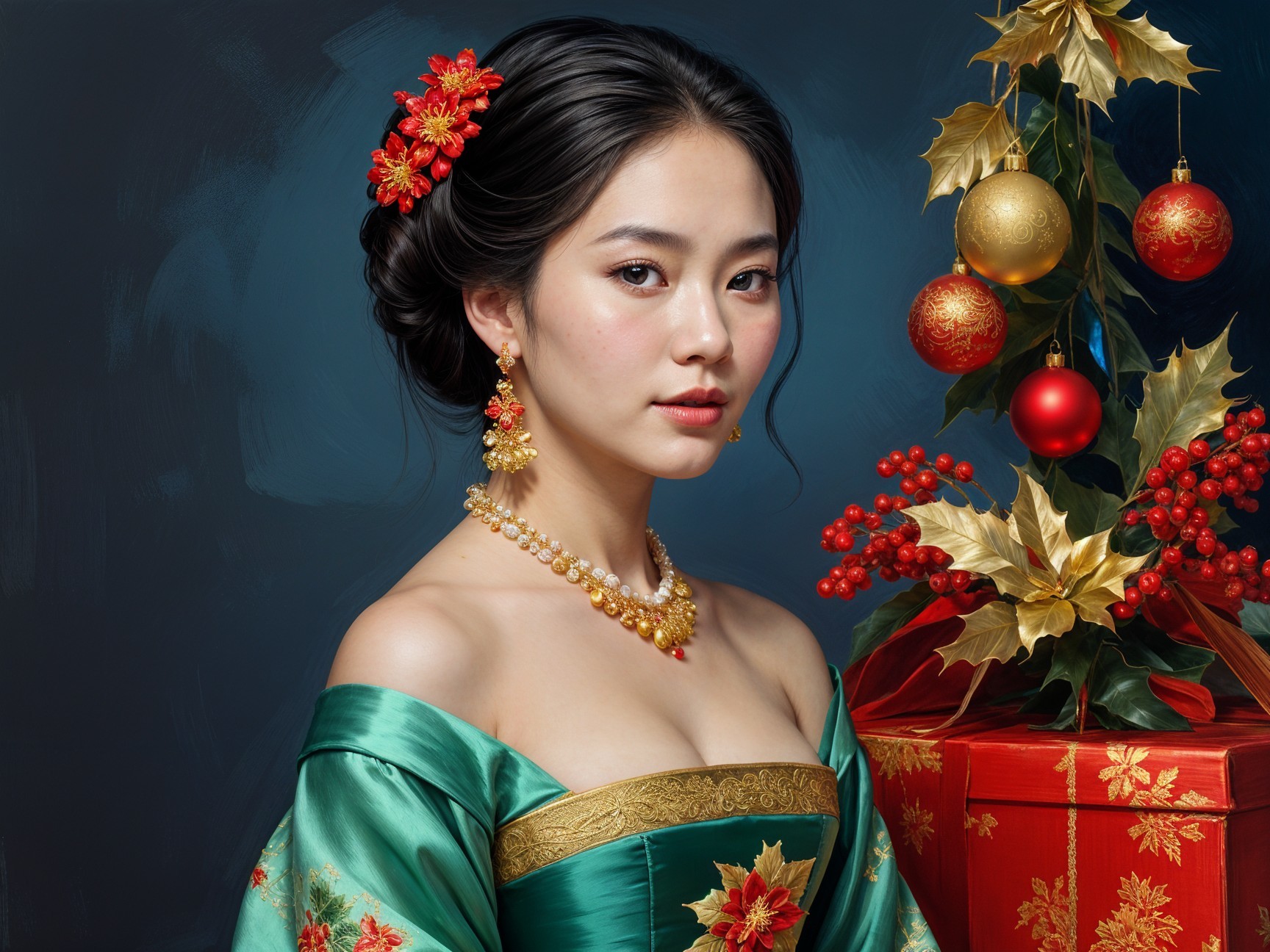 Elegant Young Woman in Green Gown with Holiday Decor
