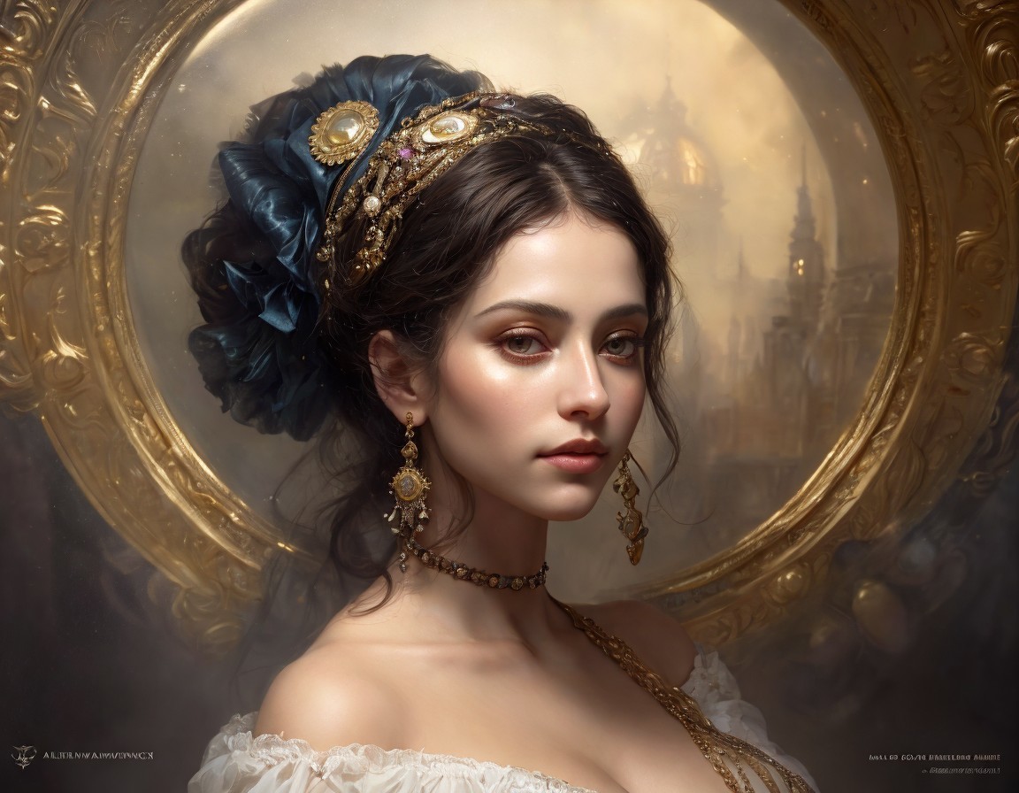 Portrait of a young woman with dark hair and headpiece
