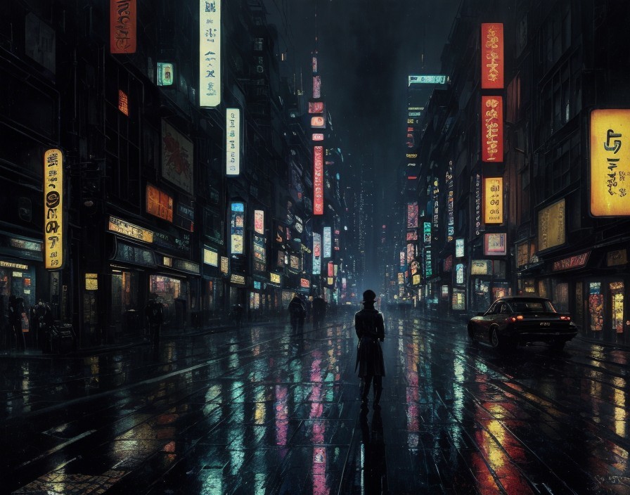 Dark, Rain-Soaked Street with Glowing Neon Signs at Night
