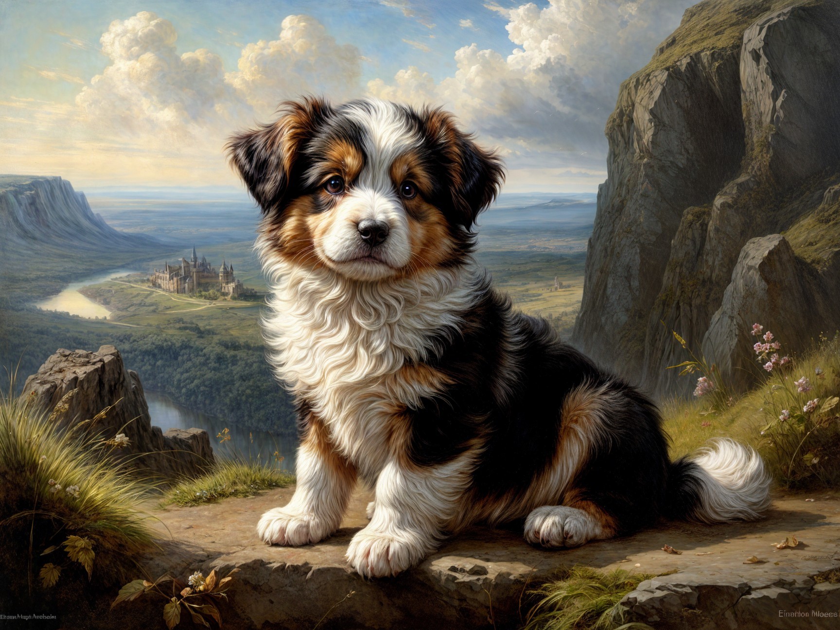 Fluffy Tri-Color Puppy in Scenic Landscape Setting
