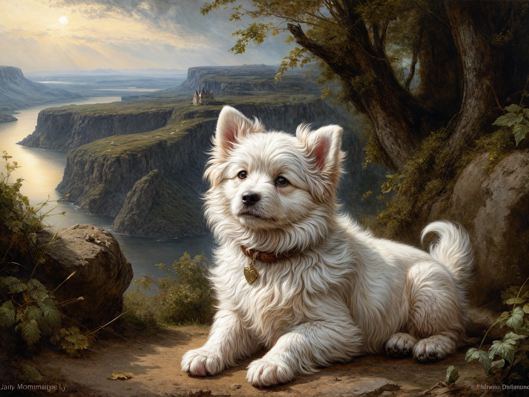 Fluffy White Dog on Rocky Ledge at Sunset