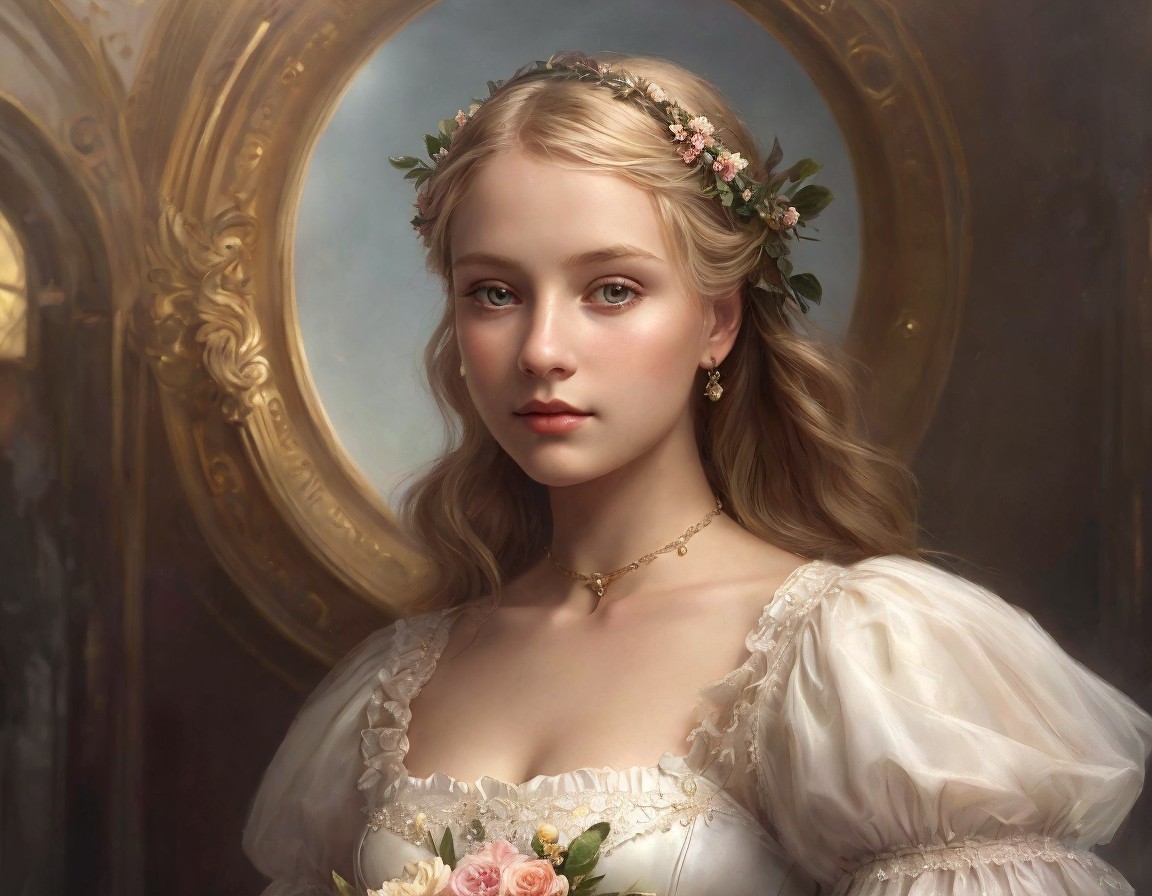 Young Woman in Floral Crown and Elegant Dress