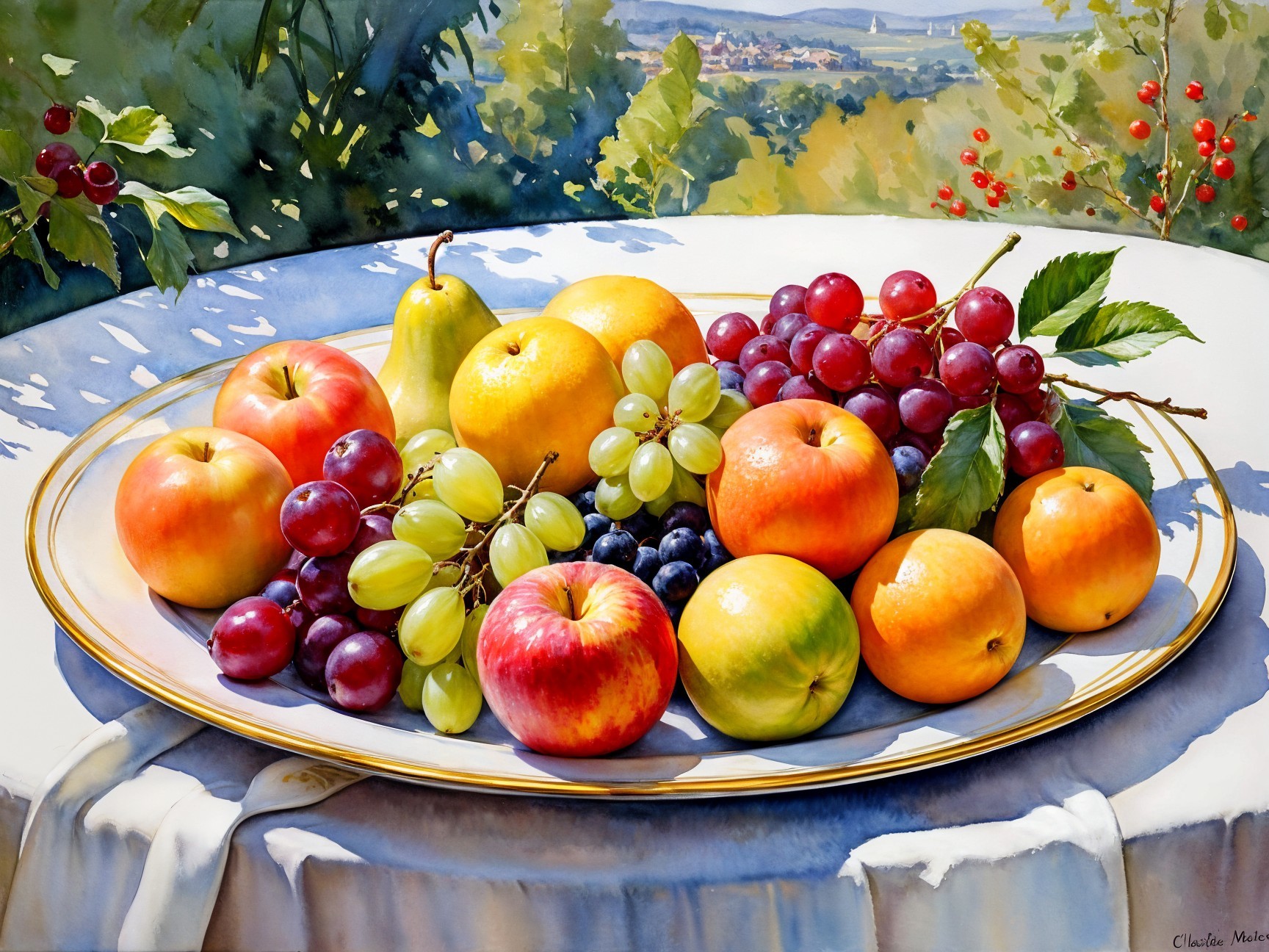 Colorful Fruit Display in a Lush Setting