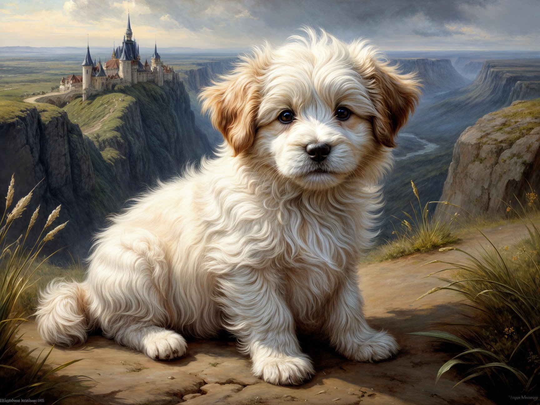 Golden puppy on hillside with castle backdrop