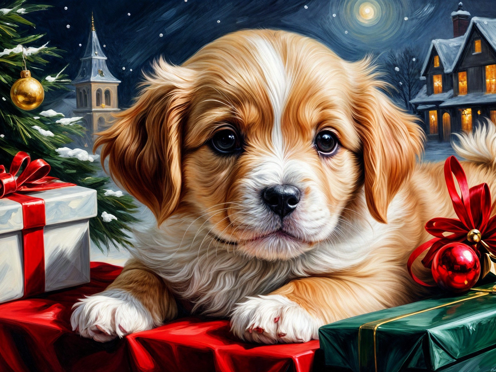 Puppy Among Colorful Holiday Gift Boxes in Winter Scene
