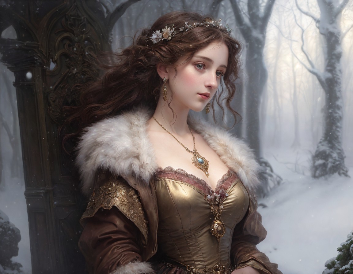 Regal Woman in Golden Gown in Snowy Forest Setting