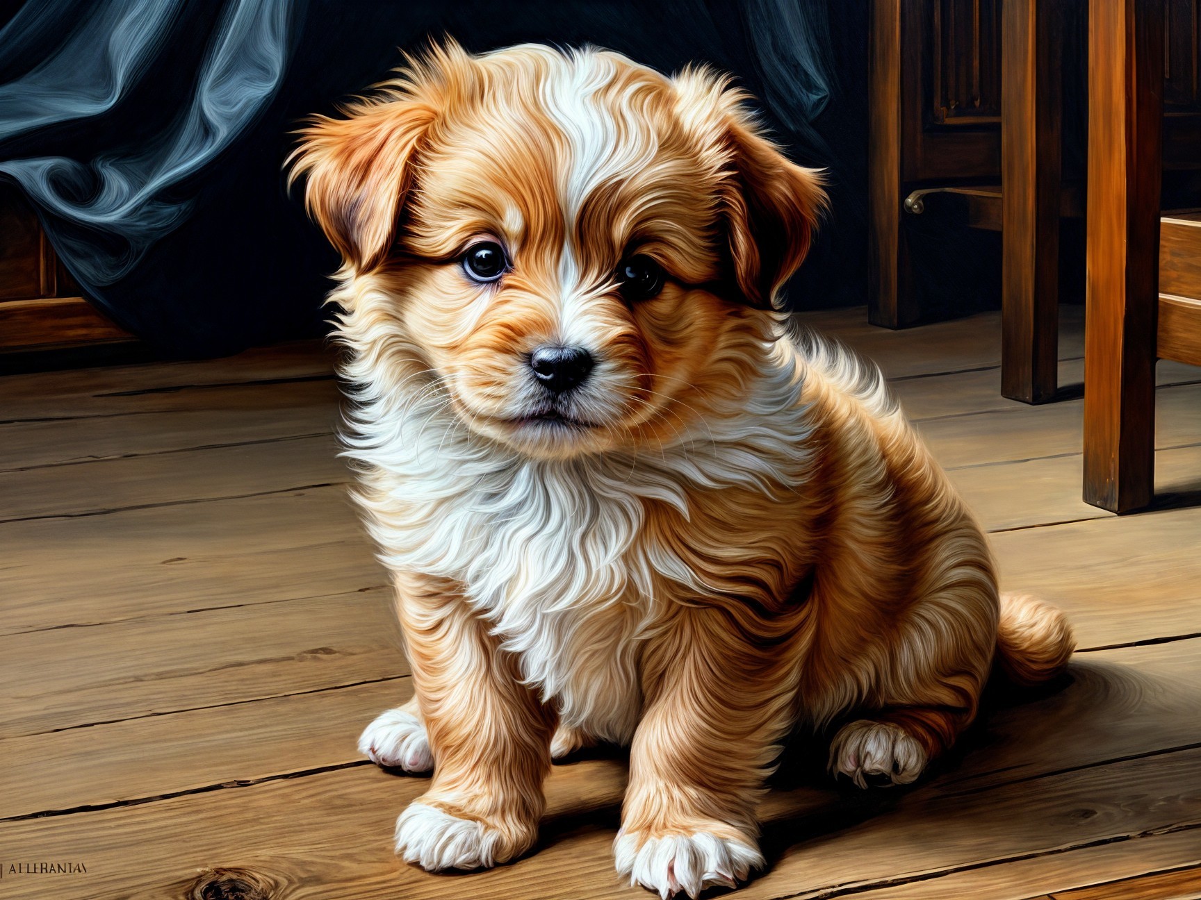 Fluffy Golden and White Puppy on Wooden Floor