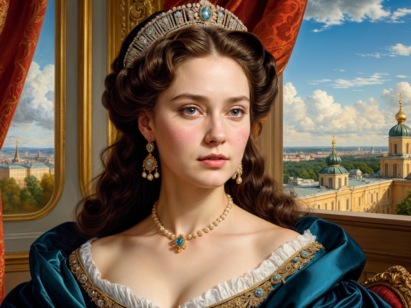 Regal Young Woman in Teal Gown by Grand Window