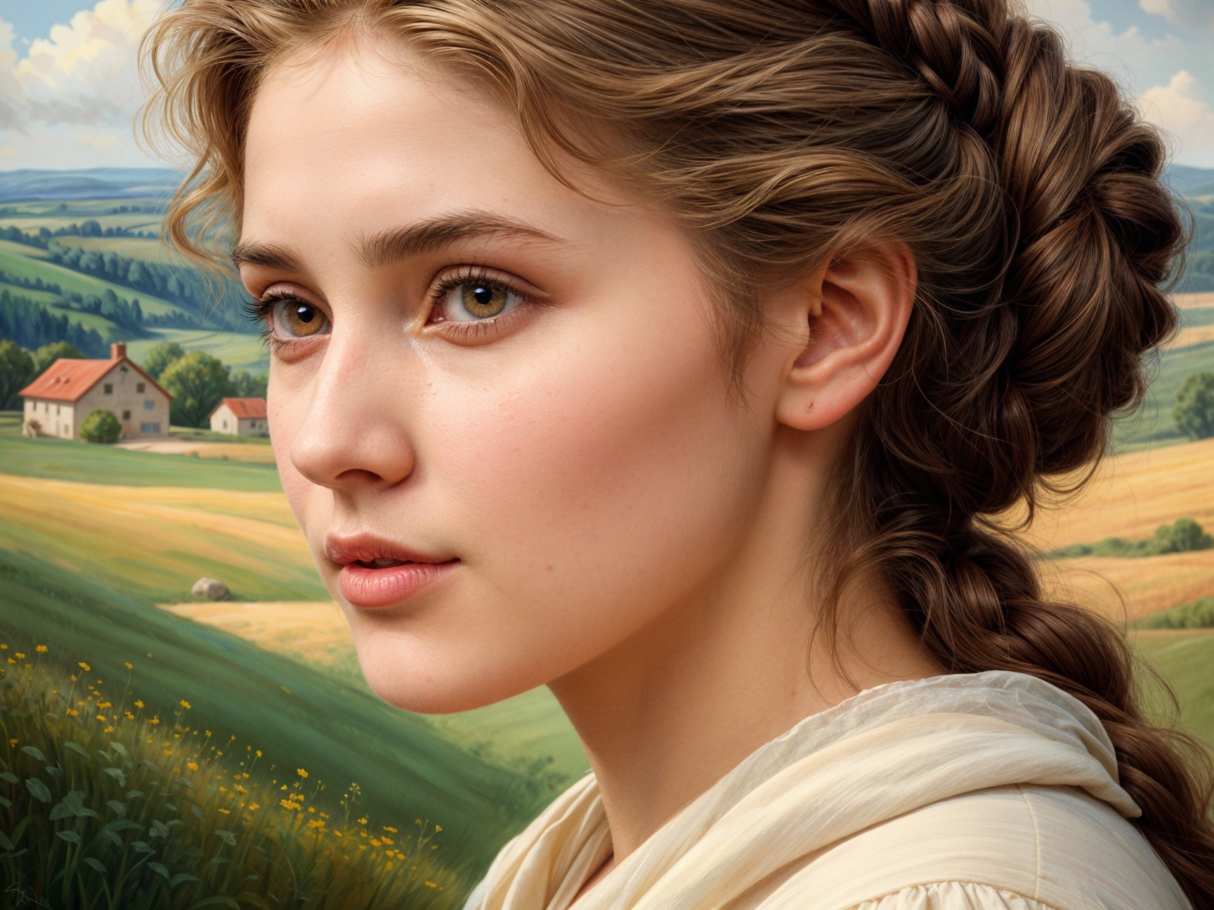 Young woman with braided hair in serene landscape