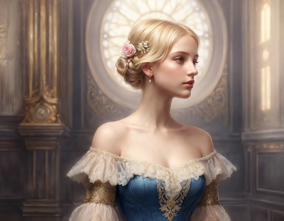 Young Woman in Vintage Blue Gown with Ethereal Beauty