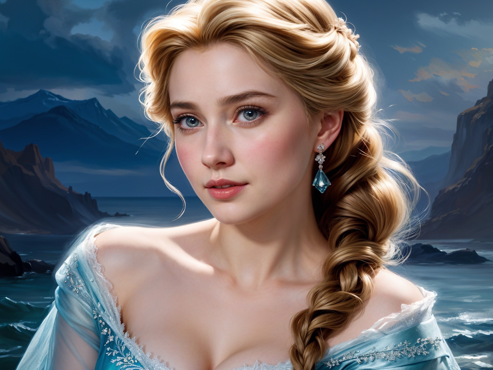 Woman in Blue Gown with Serene Seascape Background