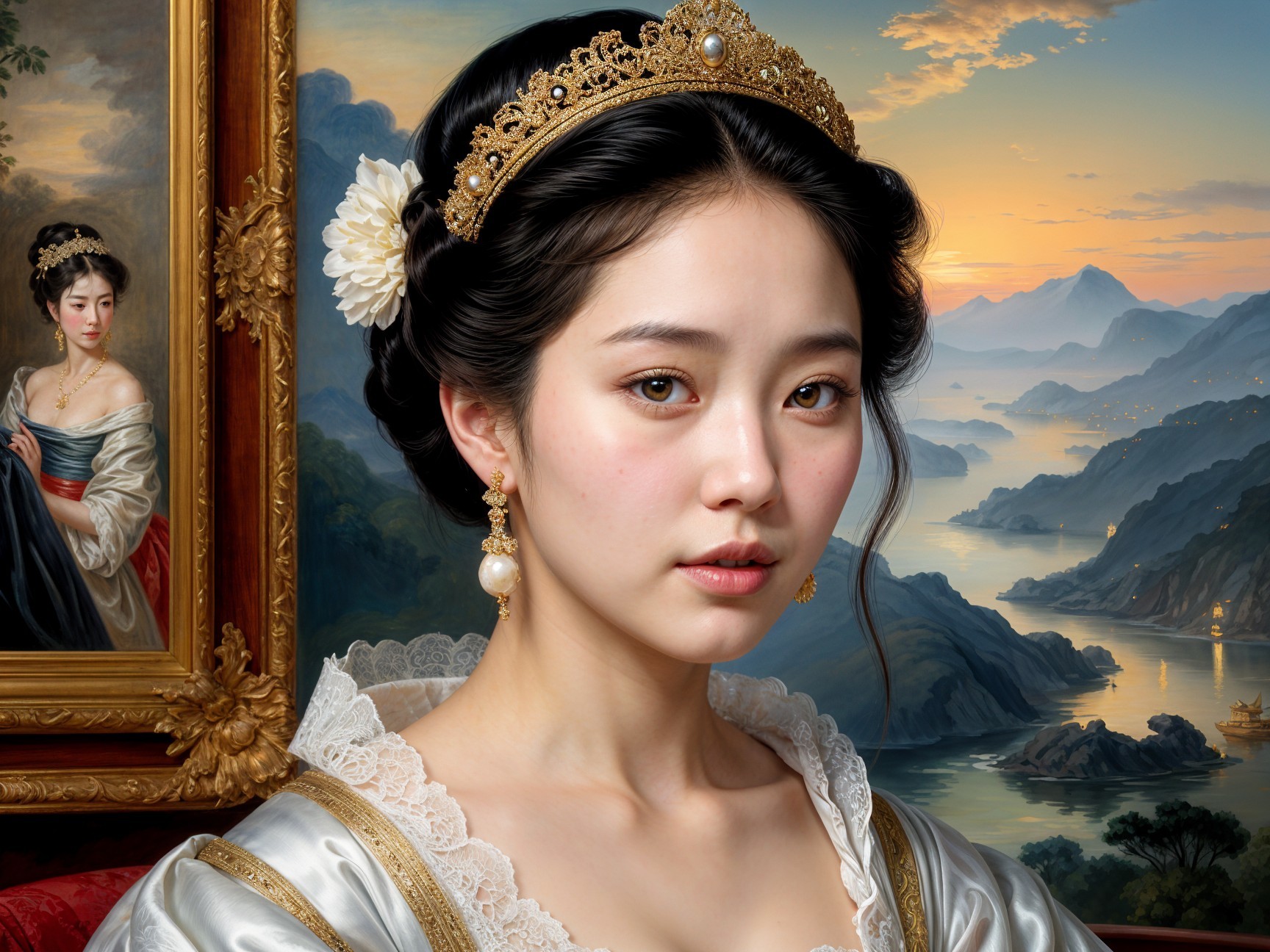 Elegant young woman in luxurious gown and tiara