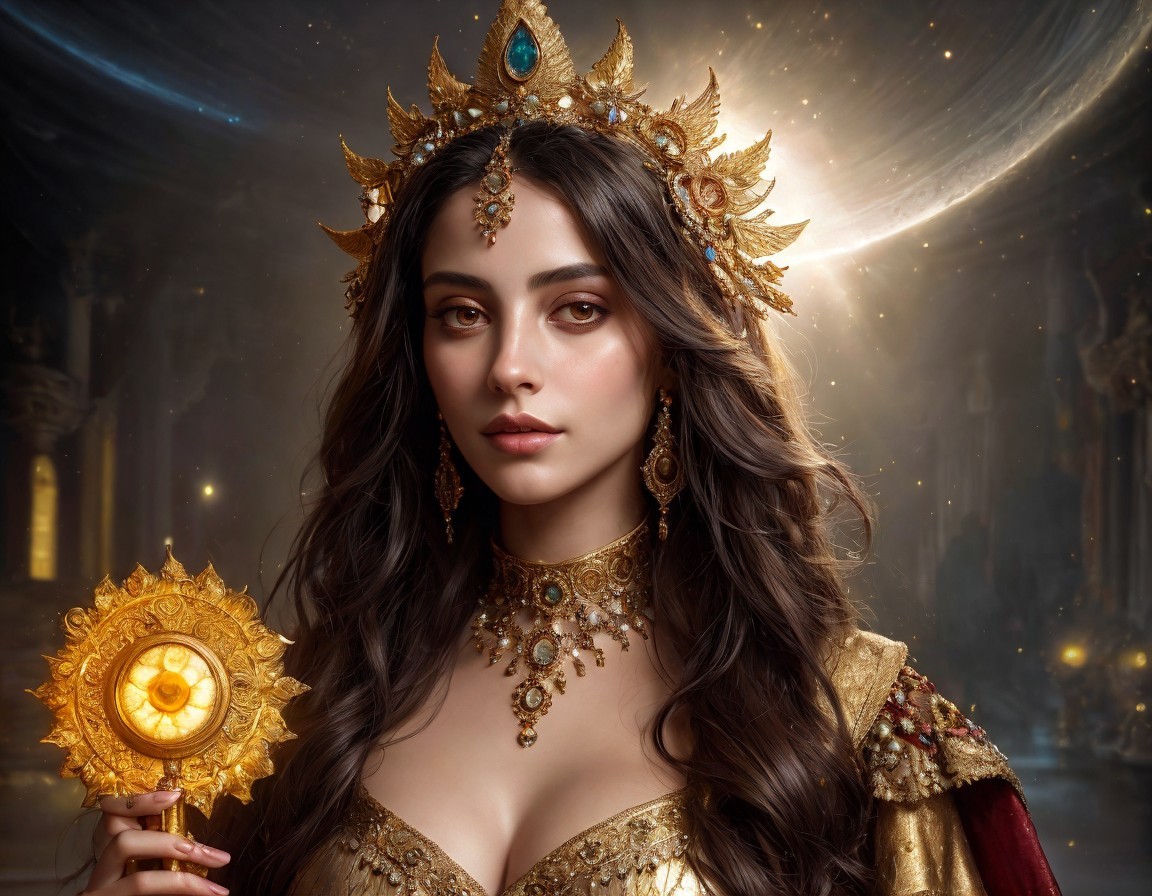 Regal woman in golden gown with crown and staff