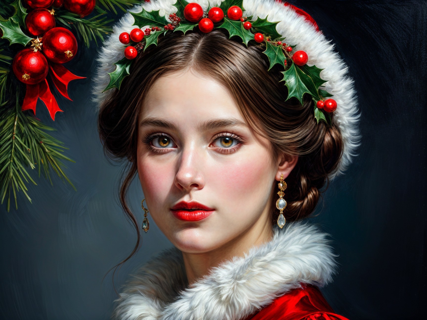 Young woman in festive red outfit with holiday decor