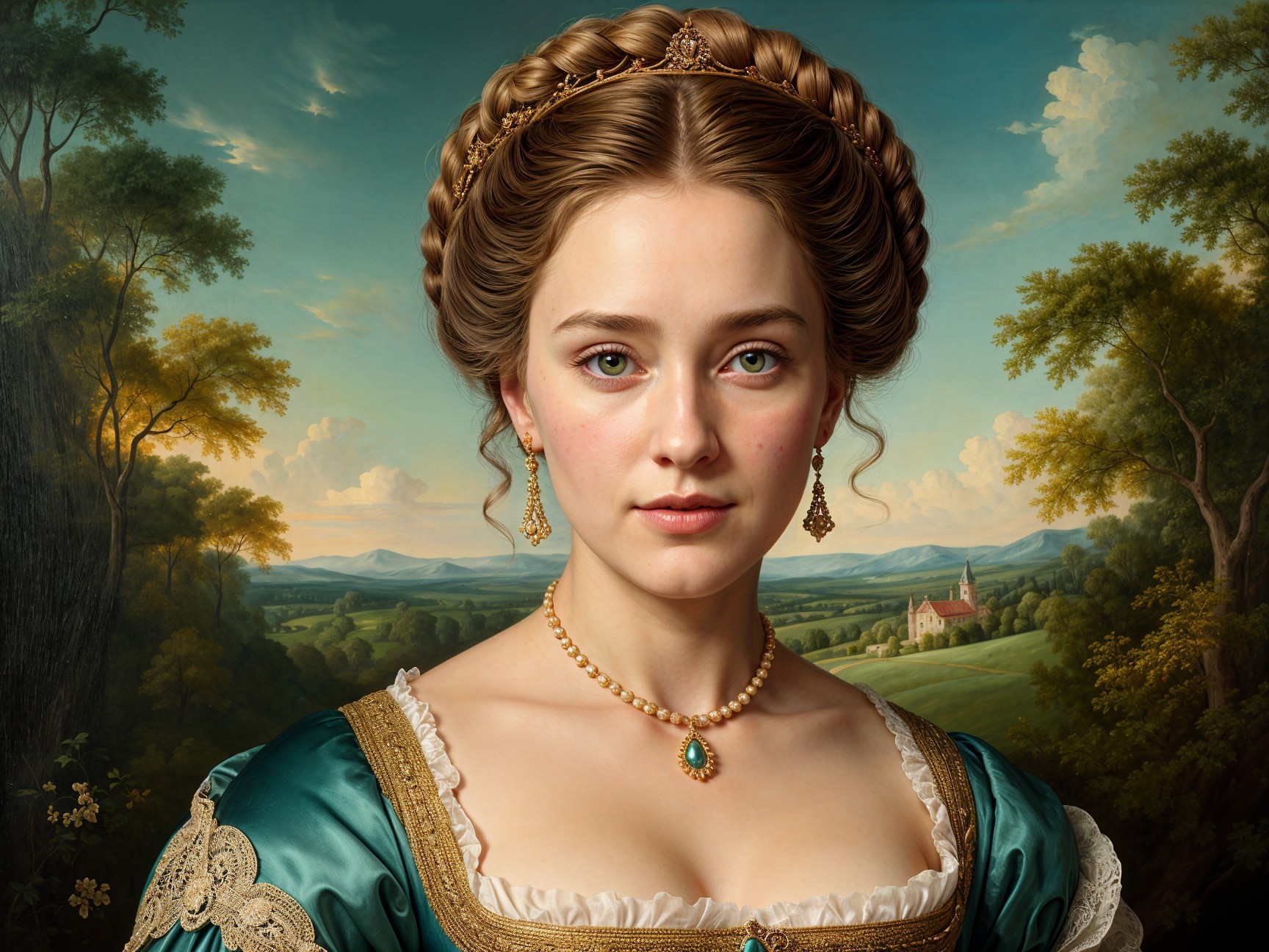 Young Woman in Teal Gown Against Pastoral Backdrop