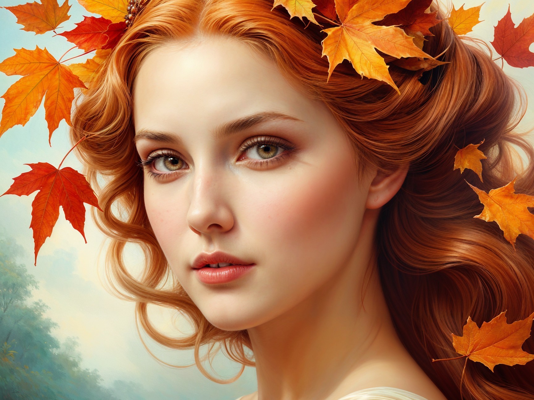 Young woman with auburn hair and autumn leaves backdrop