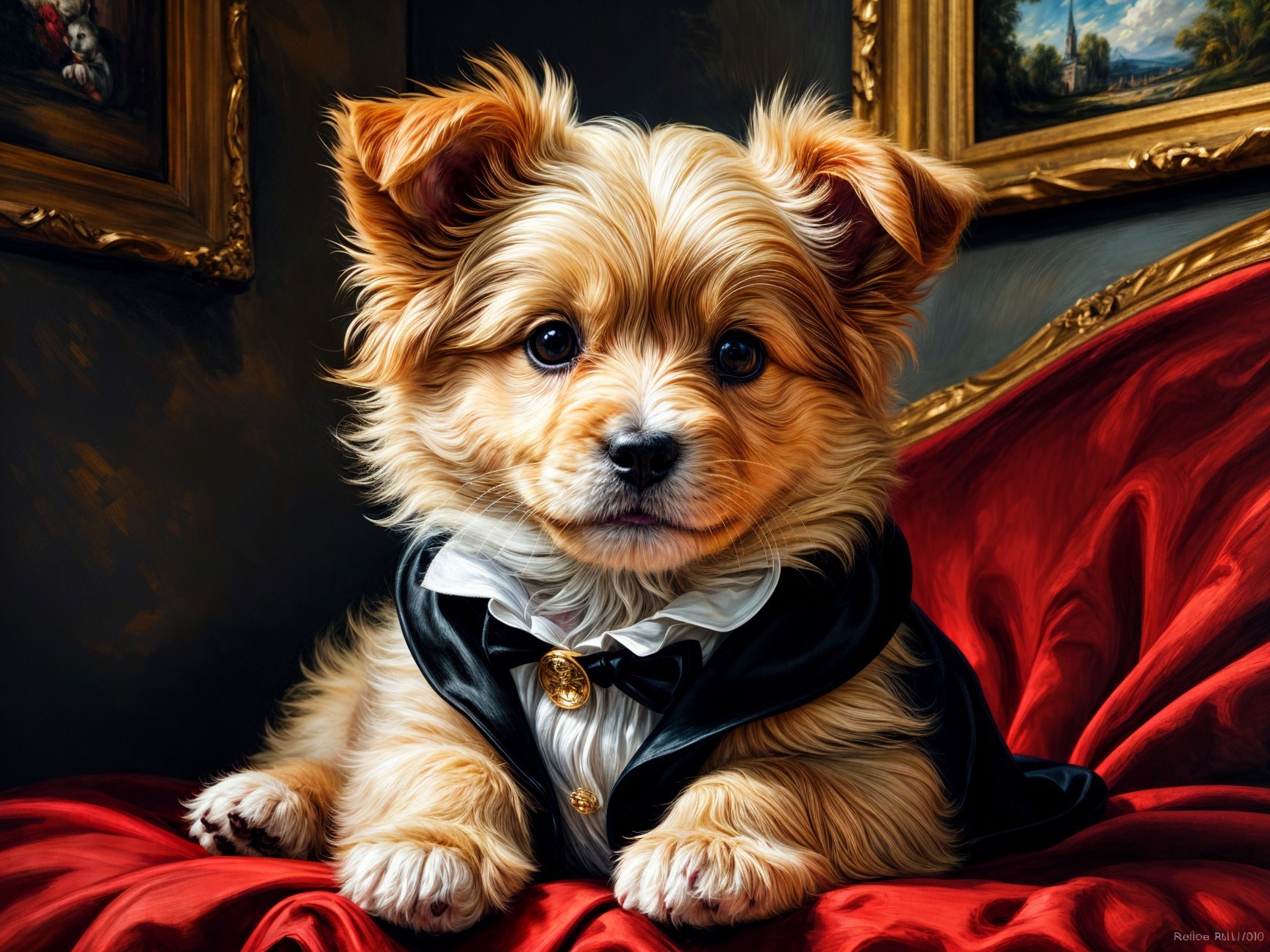 Fluffy Puppy in Tuxedo on Red Fabric Background