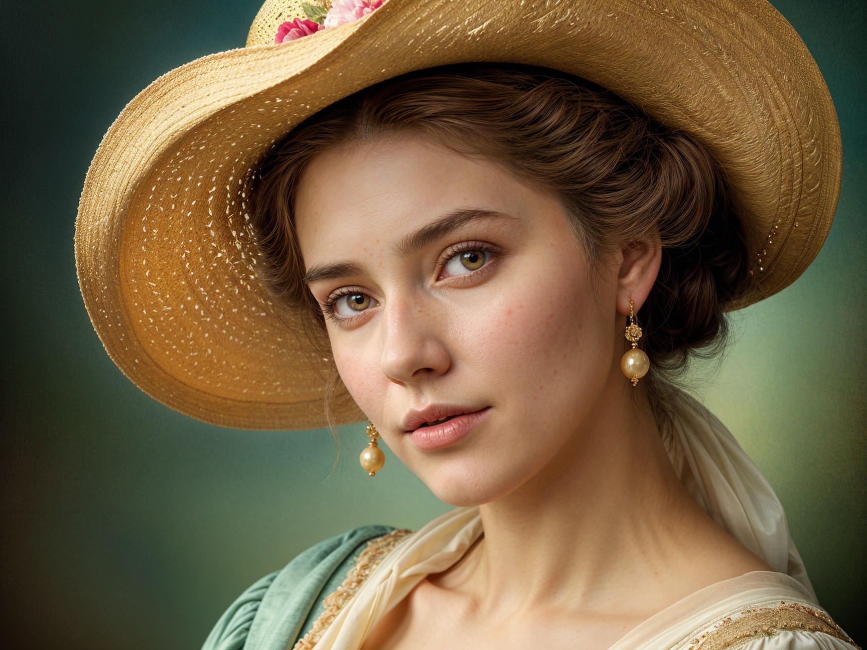 Young woman in straw hat and light green dress