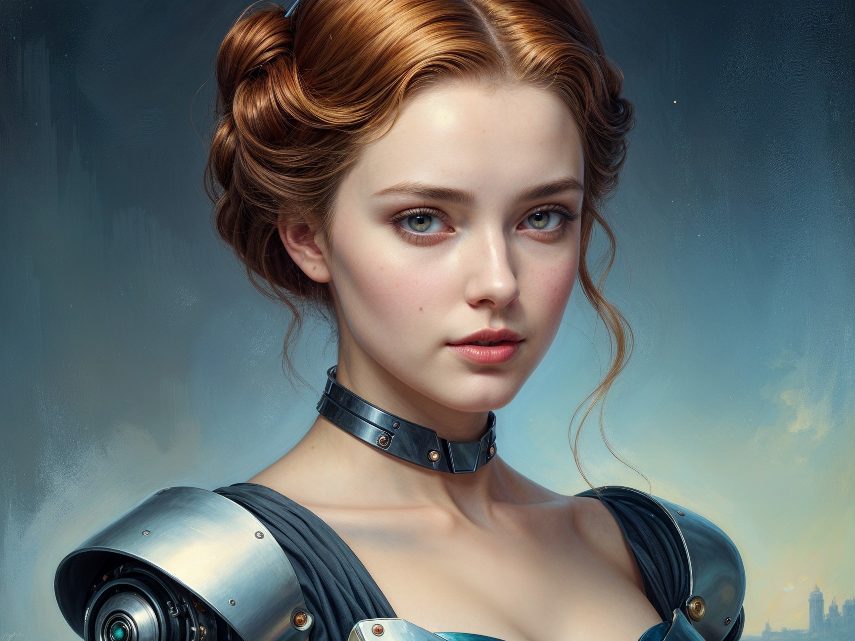 Young woman in futuristic outfit with auburn hair