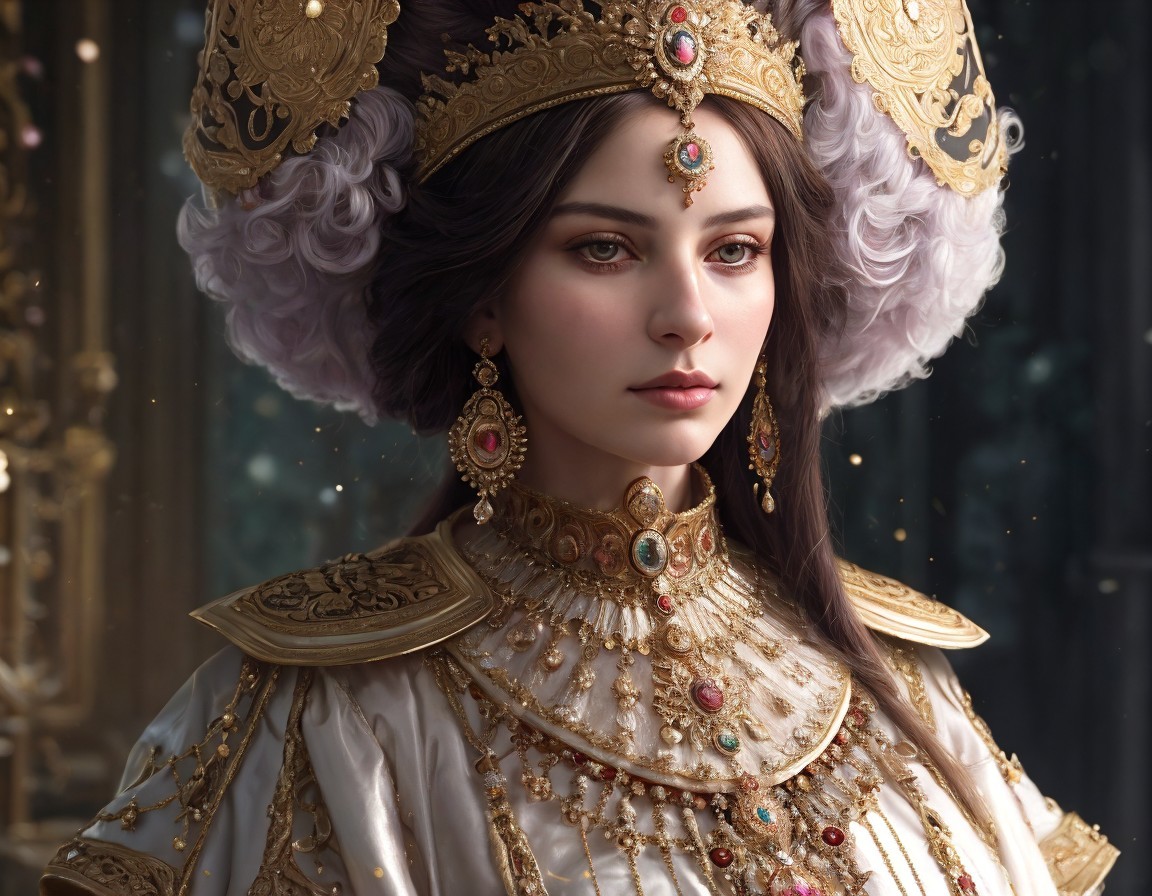 Regal Woman in Ornate Gown with Gemstones and Gold