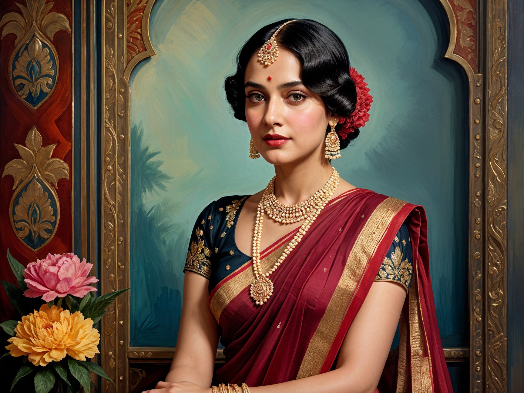 Elegant Woman in Red Saree with Traditional Jewelry