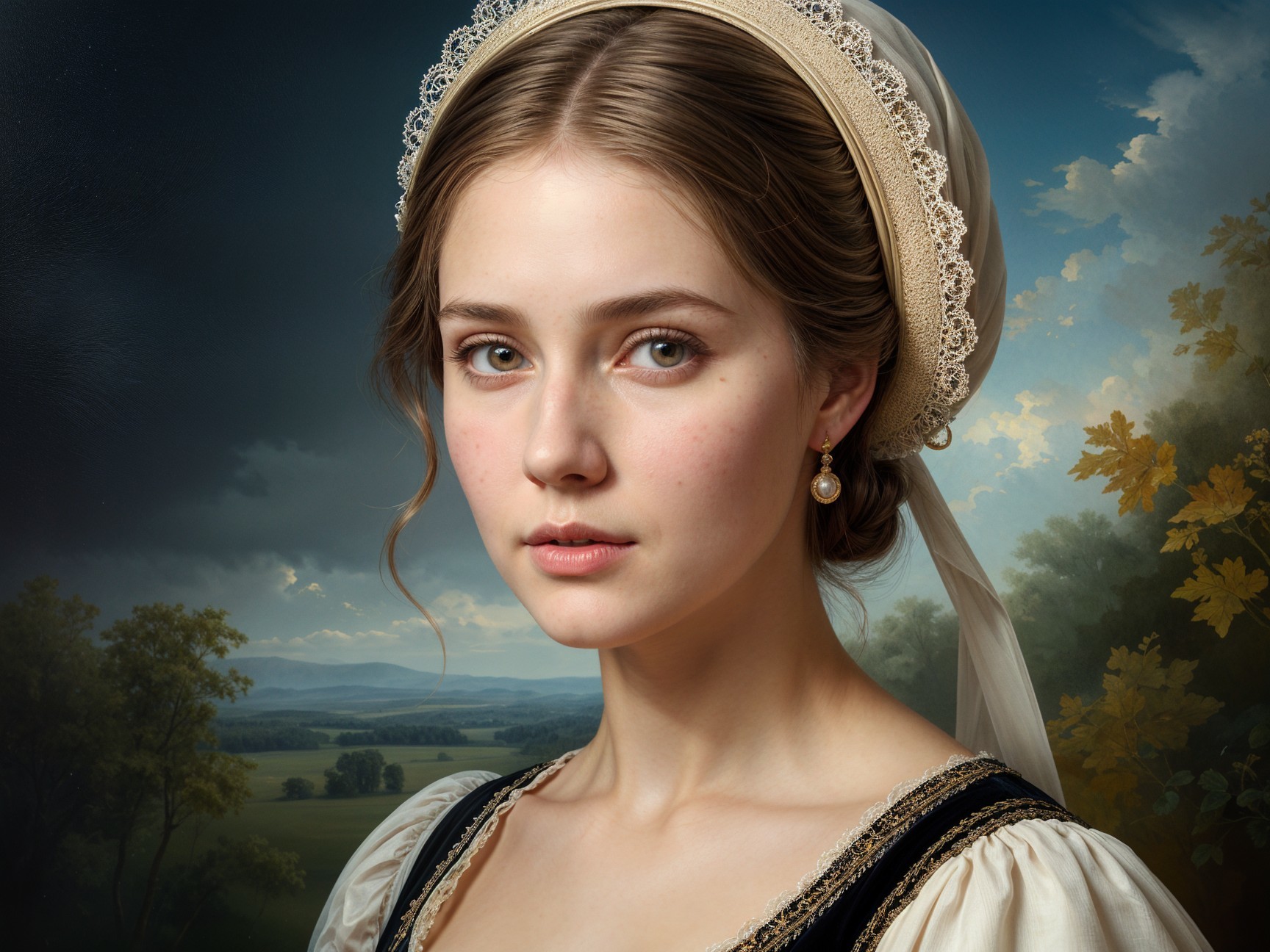 Young Woman in Traditional Outfit Against Scenic Landscape