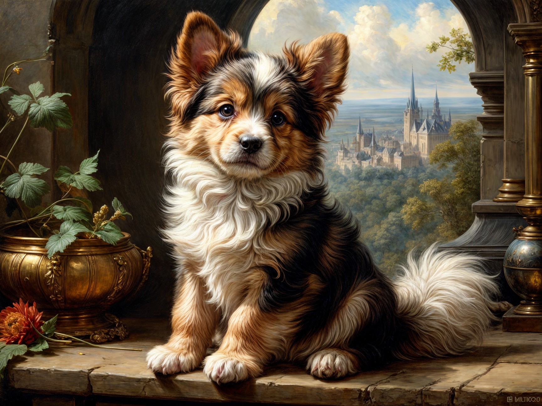 Charming Puppy in Elegant Castle Setting with Hills