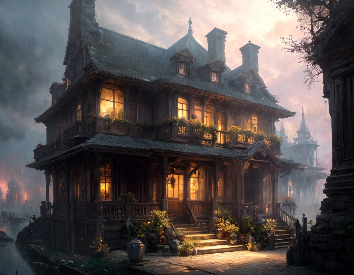 Old Mansion Surrounded by Misty Landscape and Greenery