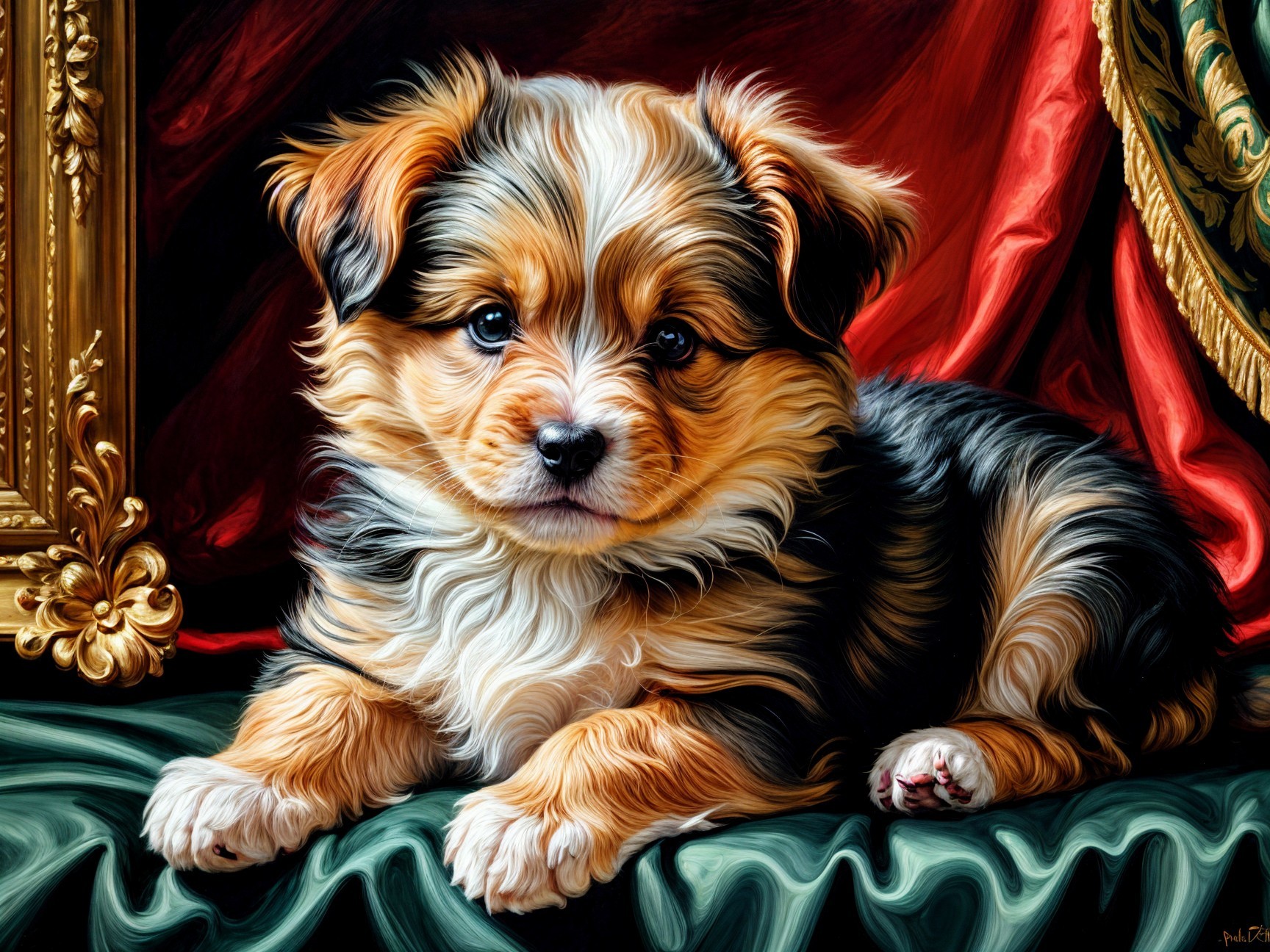 Charming Puppy on Green Fabric with Opulent Background