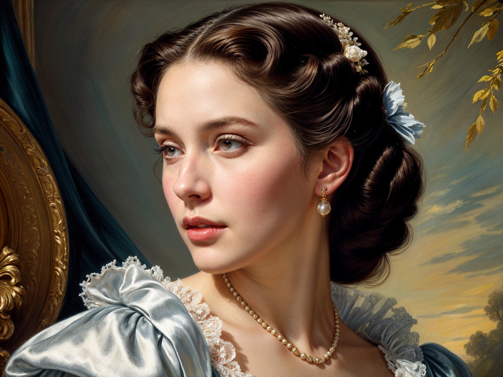 Detailed Portrait of Young Woman in Blue Gown