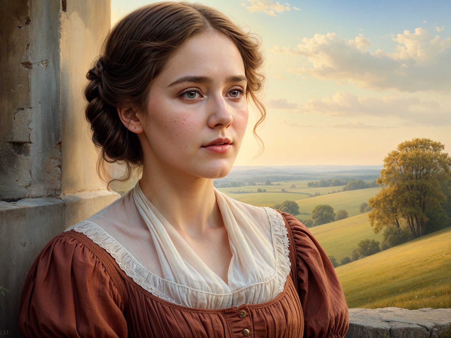 Young woman in vintage dress against serene landscape