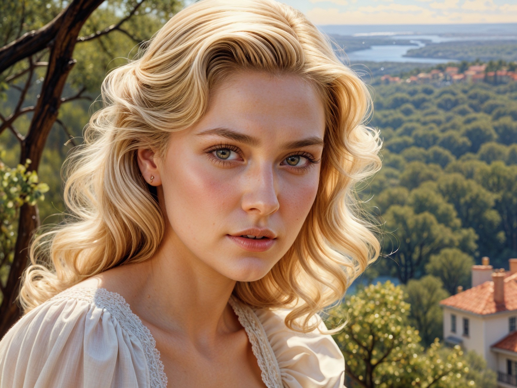 Young woman with blonde curls in serene landscape