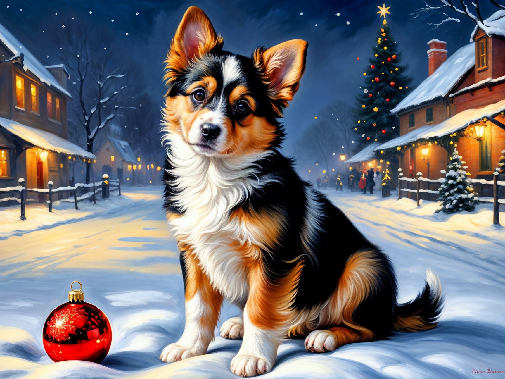 Corgi Puppy in Snowy Village with Holiday Decorations