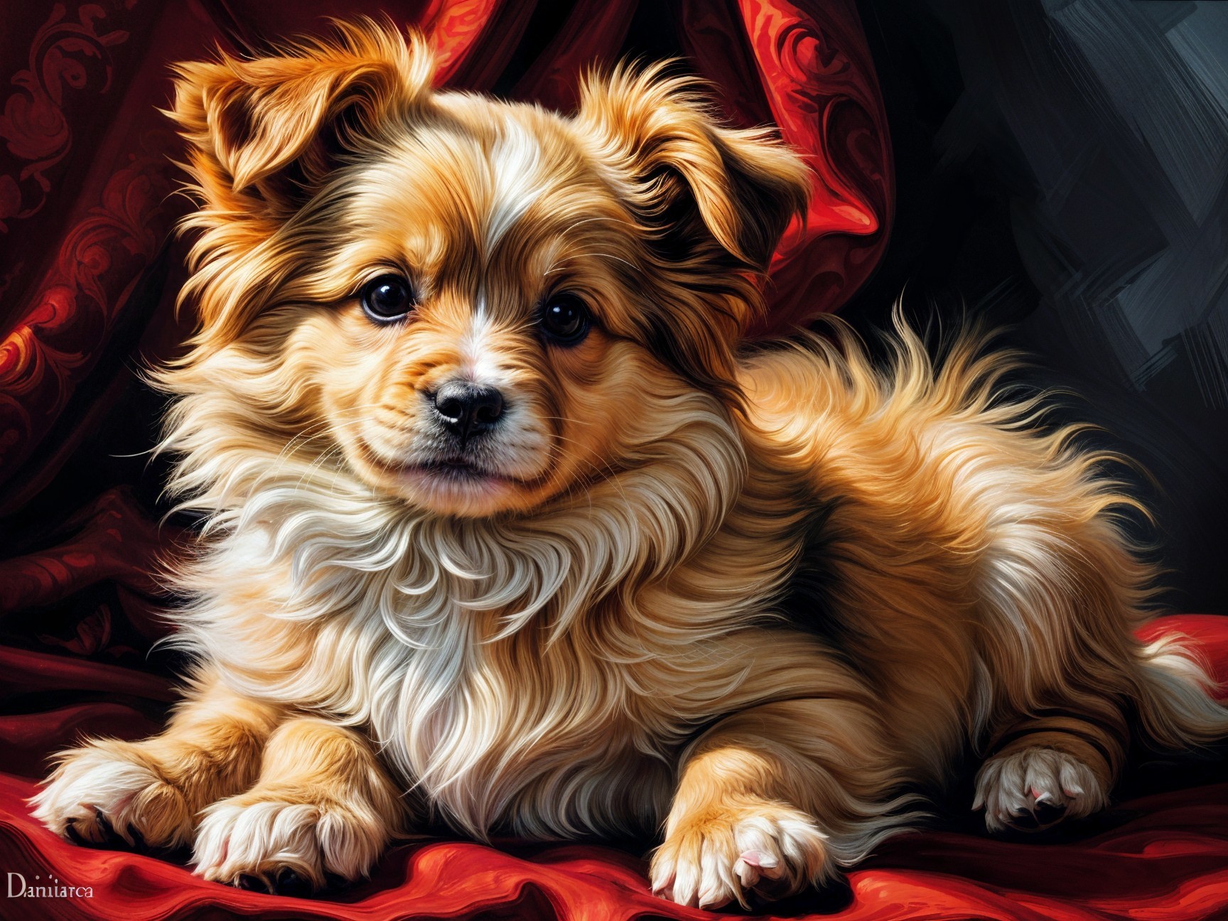 Golden-brown dog on rich red fabric background