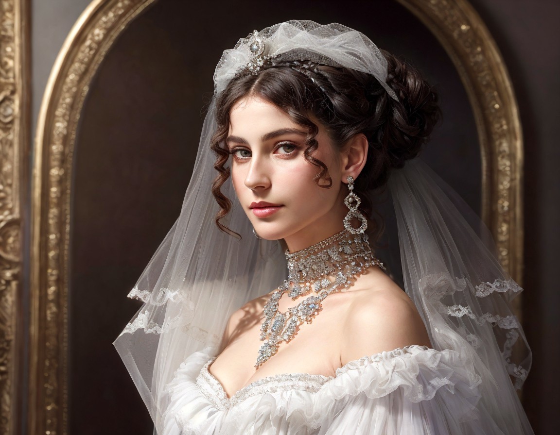 Elegant bride in tiara and veil with detailed jewelry in softly lit setting