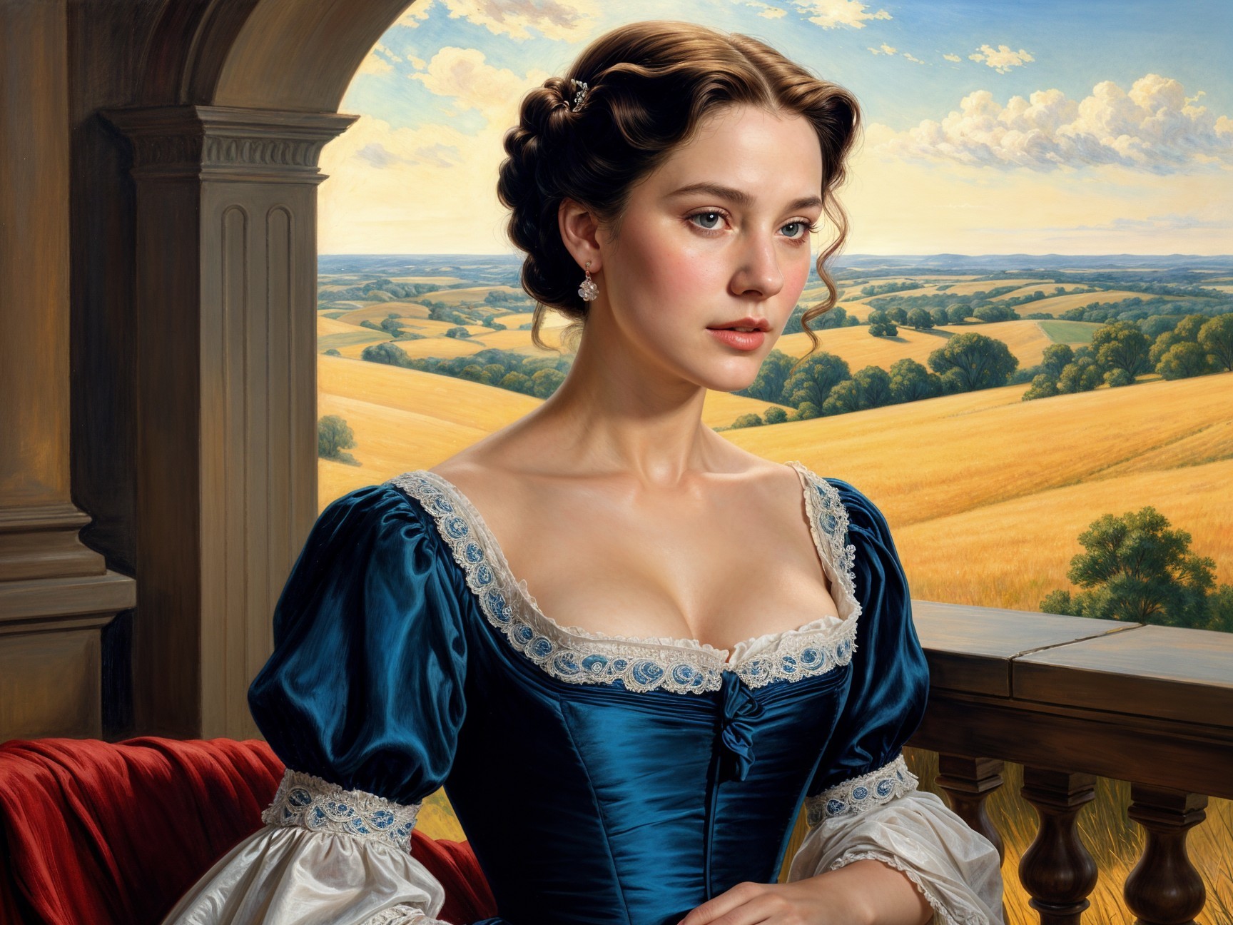 Young woman in royal blue gown on sunlit balcony